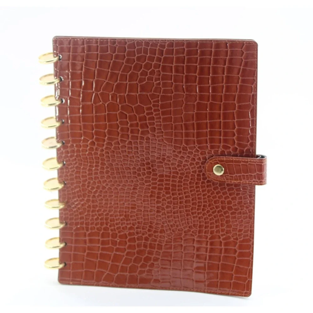 Cognac Croc Embossed Discbound Planner Cover Gold Discs with Lined Refill Paper
